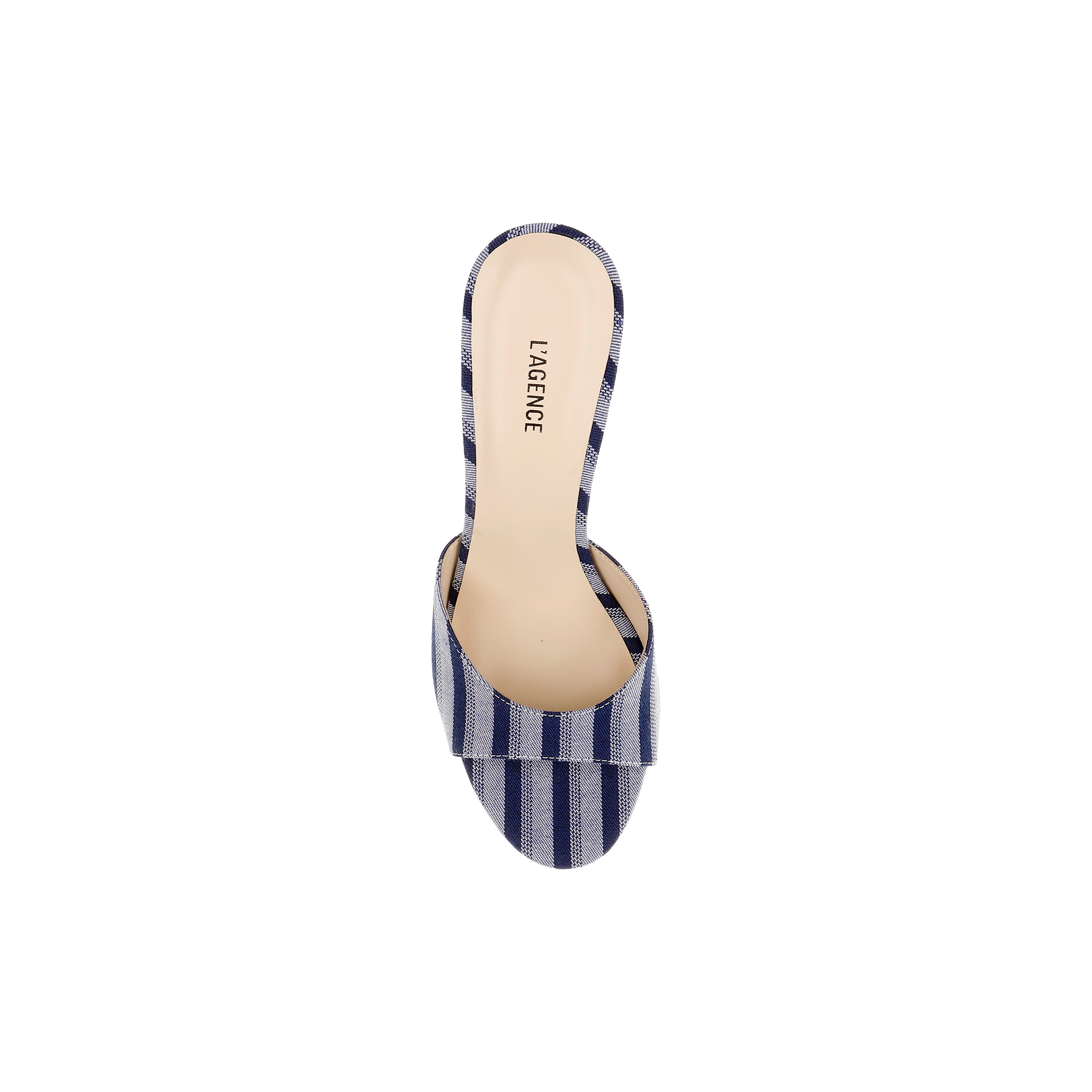 The Avery Open-Toe Mule is a single flared heel sandal with an open-toe design, showcasing blue striped denim and the LAGENCE brand name printed on the insole, viewed from above on a white background.