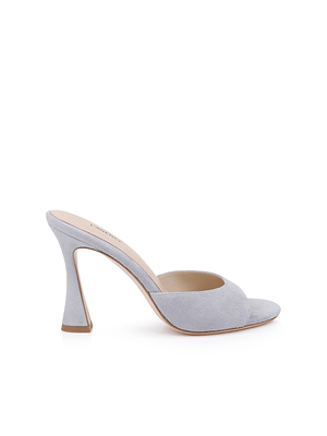 The Avery Suede Open-Toe Mule is a light grey high-heeled mule with an open toe, sculpted heel, low-cut vamp, and a memory foam insole for comfort, shown on a white background.