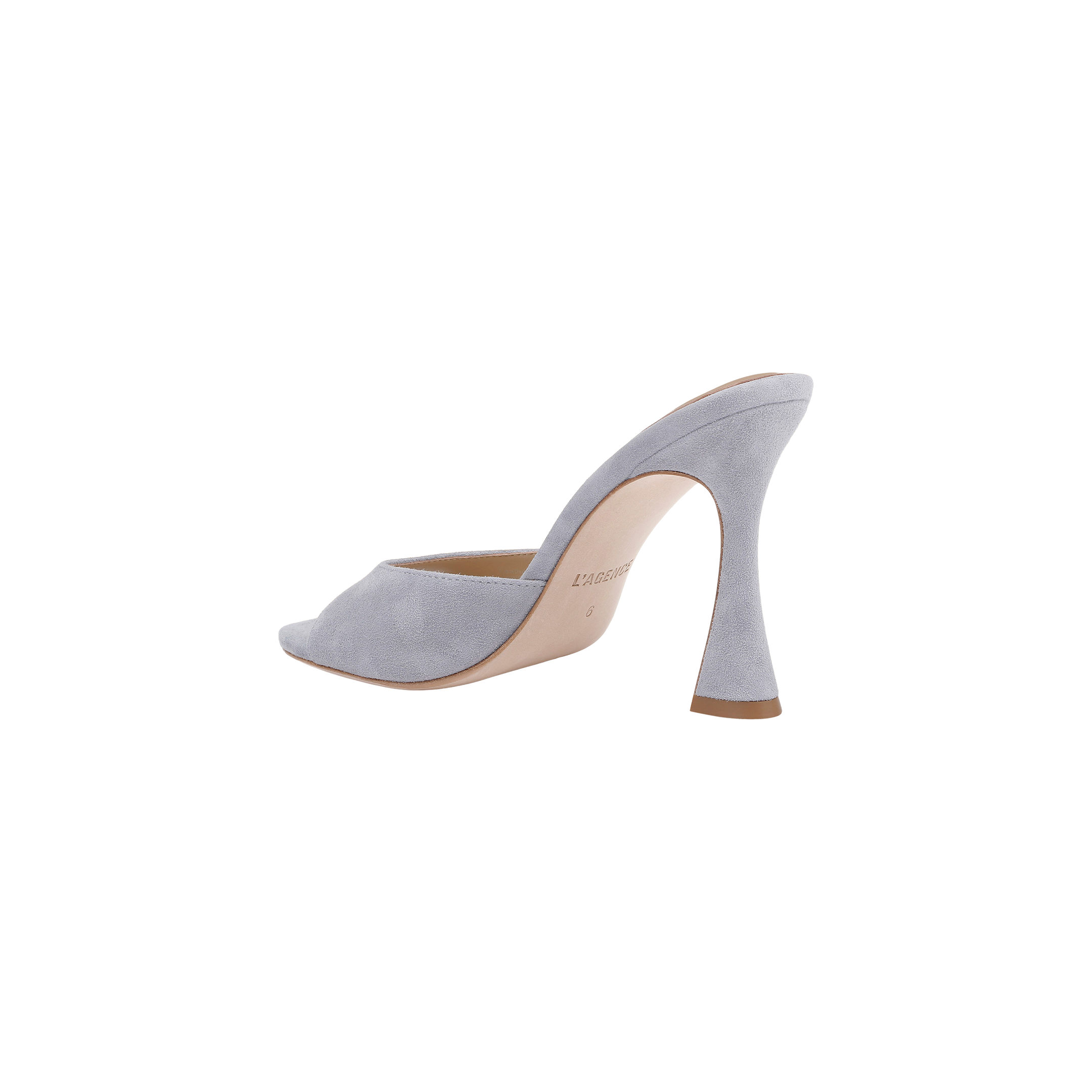 The Avery Suede Open-Toe Mule, a light gray high-heeled mule with a sculpted heel, open toe, and tan sole, is displayed against a plain white background. This stylish shoe features a plush memory foam insole for added comfort.