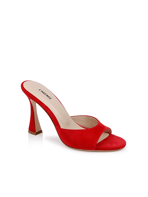 The Avery Suede Open-Toe Mule is a vibrant red shoe with a sculpted high heel, beige memory foam insole for comfort, and LABORCE branding on the insole. Shown against a white background.