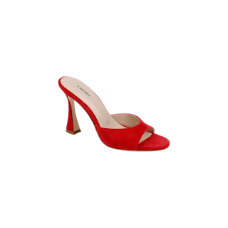 The Avery Suede Open-Toe Mule, a single high-heeled red suede shoe with an open toe, sculpted heel, and memory foam insole, is displayed on a white background.