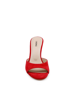 Front view of the Avery Suede Open-Toe Mule in red, featuring a sculpted high heel, beige memory foam insole with LAURENCE branding, and open toe design.