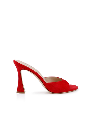The Avery Suede Open-Toe Mule, featuring a red suede finish and curved sculpted heel, is displayed on a white background.