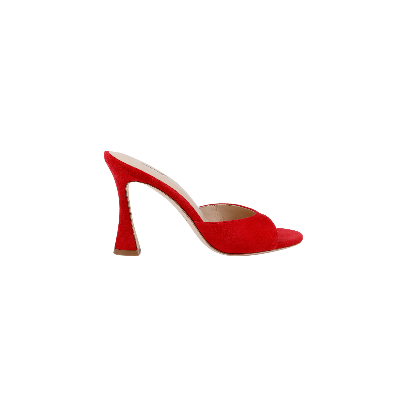 The Avery Suede Open-Toe Mule, shown in striking red suede with an open toe and an elegantly sculpted heel, features a comfortable memory foam insole and is displayed on a plain white background.