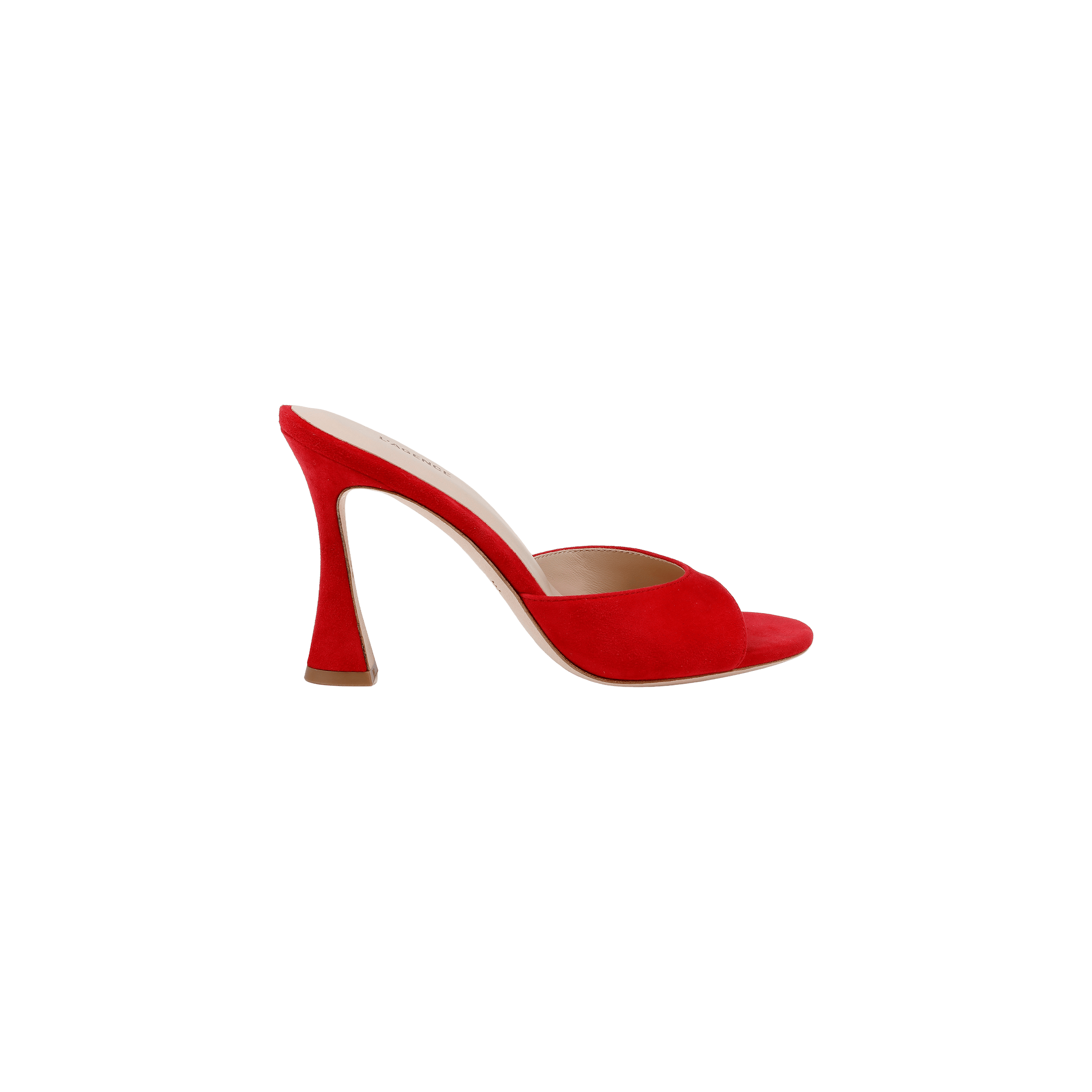 The Avery Suede Open-Toe Mule is a single red suede mule with an open toe, a sculpted stiletto heel, and a memory foam insole, displayed on a plain white background.