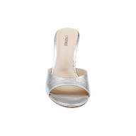 The Avery Leather Open-Toe Mule features silver lizard-embossed leather, a sculpted high heel, and a light beige insole with L.A. MENCE printed on the heel area, shown from an overhead view against a white background.