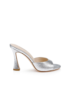 The Avery Leather Open-Toe Mule features a single silver design with a lizard-embossed leather finish and an hourglass sculpted heel, showcased on a white background.