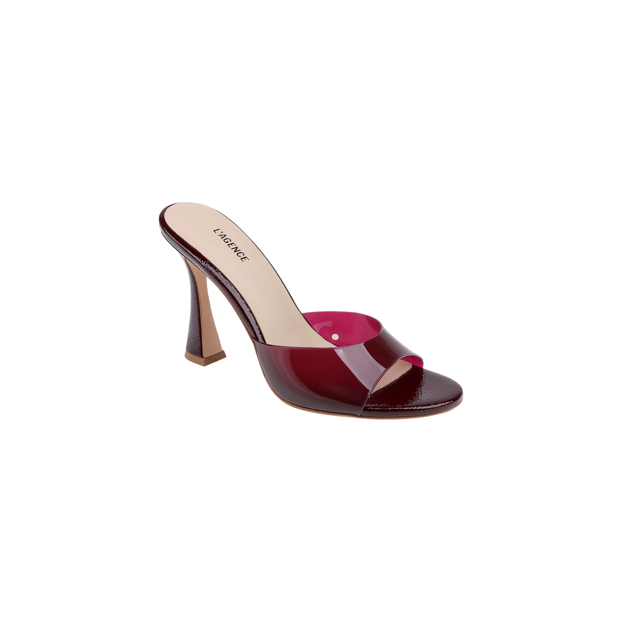 The Avery Open-Toe Mule is a high-heeled mule with a glossy dark red upper, transparent accent, and open-toe design. Its sculpted stiletto heel features a square-shaped tip, while the beige insole is labeled LARROQUE. The shoe is photographed on a plain white background.
