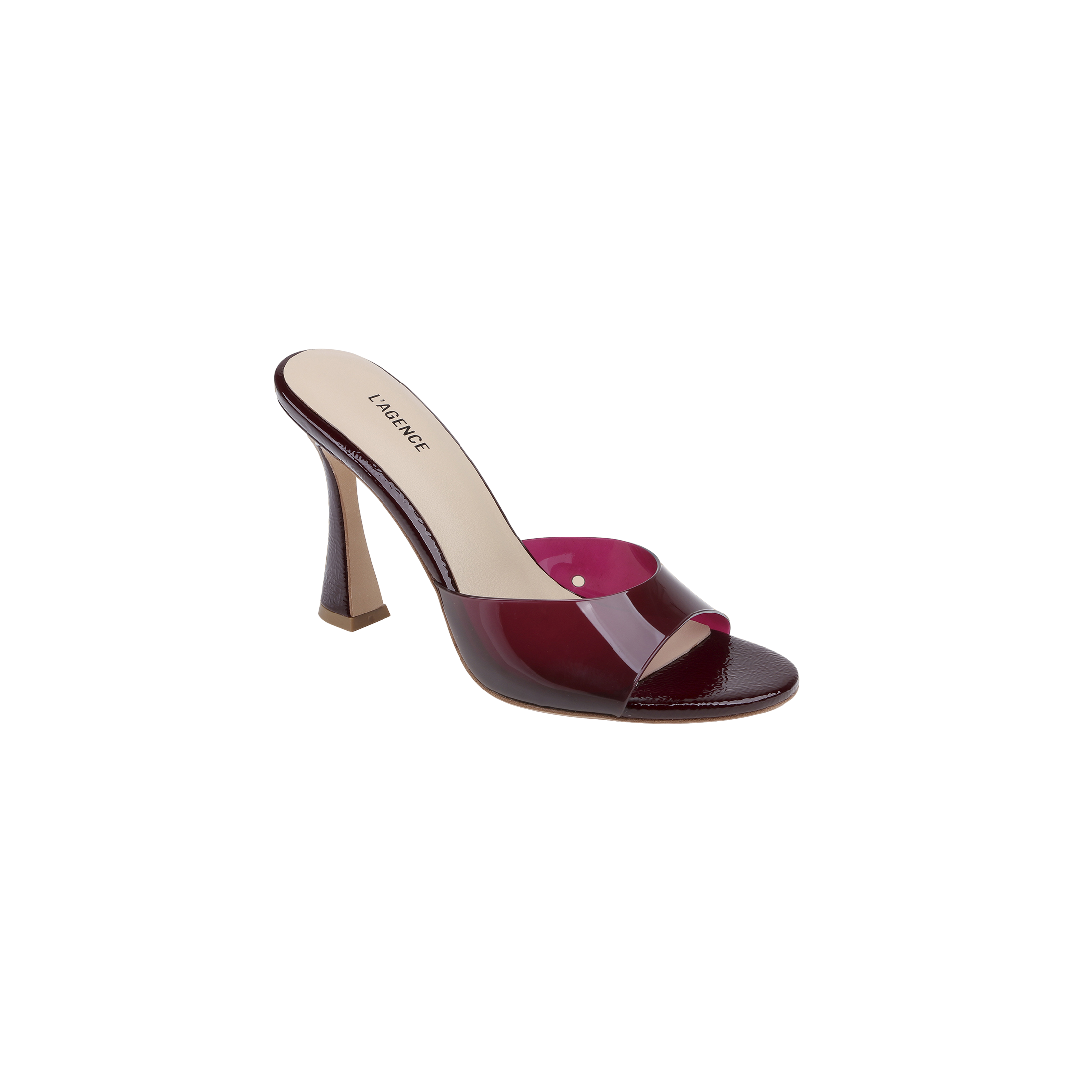 The Avery Open-Toe Mule is a high-heeled mule with a glossy dark red upper, transparent accent, and open-toe design. Its sculpted stiletto heel features a square-shaped tip, while the beige insole is labeled LARROQUE. The shoe is photographed on a plain white background.