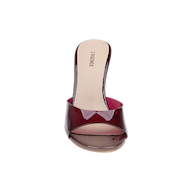 The Avery Open-Toe Mule is a single maroon sculpted stiletto with an open-toe design and a transparent upper strap, shown from the front against a plain white background.