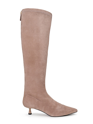 The Emilie Kitten-Heel Boot is a tall, taupe stretch suede boot featuring a pointed toe and low slim heel, shown in profile against a white background.