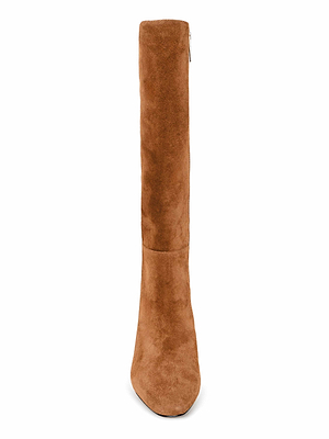 Front view of the Eugenie Block-Heel Boot—a tall brown boot featuring a rounded toe, sleek design, and sturdy block heel—displayed against a white background.