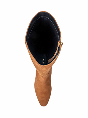 Top view of the Eugenie Block-Heel Boot in tan suede featuring a side zipper, black interior lining, and block heel—perfect for enhancing your fall-to-winter wardrobe.