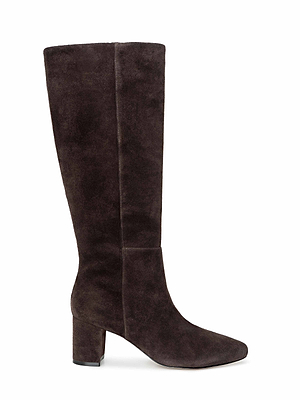 The Eugenie Block-Heel Boot is a tall, dark brown suede boot for fall and winter, featuring a square toe and chunky mid-height block heel, displayed in side profile against a plain white background.