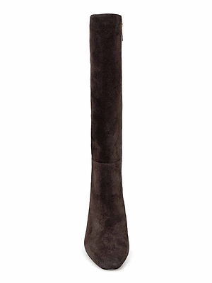 The Eugenie Block-Heel Boot is a knee-high, dark brown suede boot with a pointed toe and side zipper, shown from the front on a white background—a must-have for effortless fall-to-winter style.