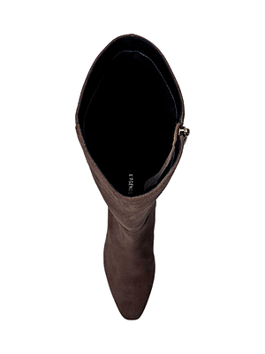 A top-down view of the Eugenie Block-Heel Boot in brown suede, featuring a pointed toe, side zipper, and block heel—ideal for fall-to-winter outfits—shown against a white background.