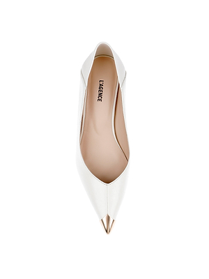 A single white Garlan Kitten-Heel Pump with a pointed toe and metallic gold cap, viewed from above. The beige insole features the LAGENCE logo in black.