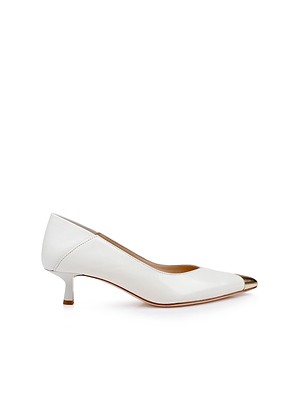 The Garlan Kitten-Heel Pump is a white leather shoe with a pointed cap toe and metallic gold accent, displayed in profile on a plain white background.