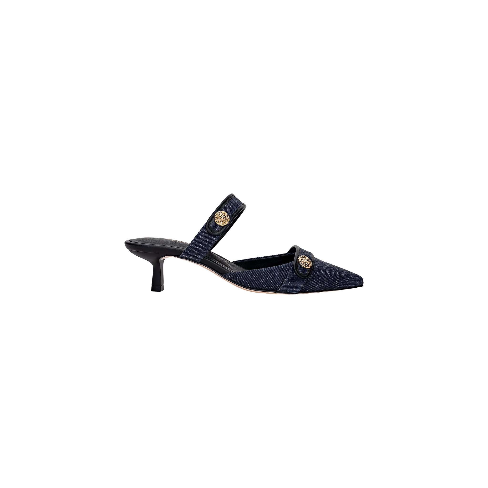 Gilliane Heeled Mule in navy blue, featuring a pointed toe and mid-height black heel. This elegant vintage-inspired design showcases two straps across the foot, each embellished with a round gold lion-embossed button.