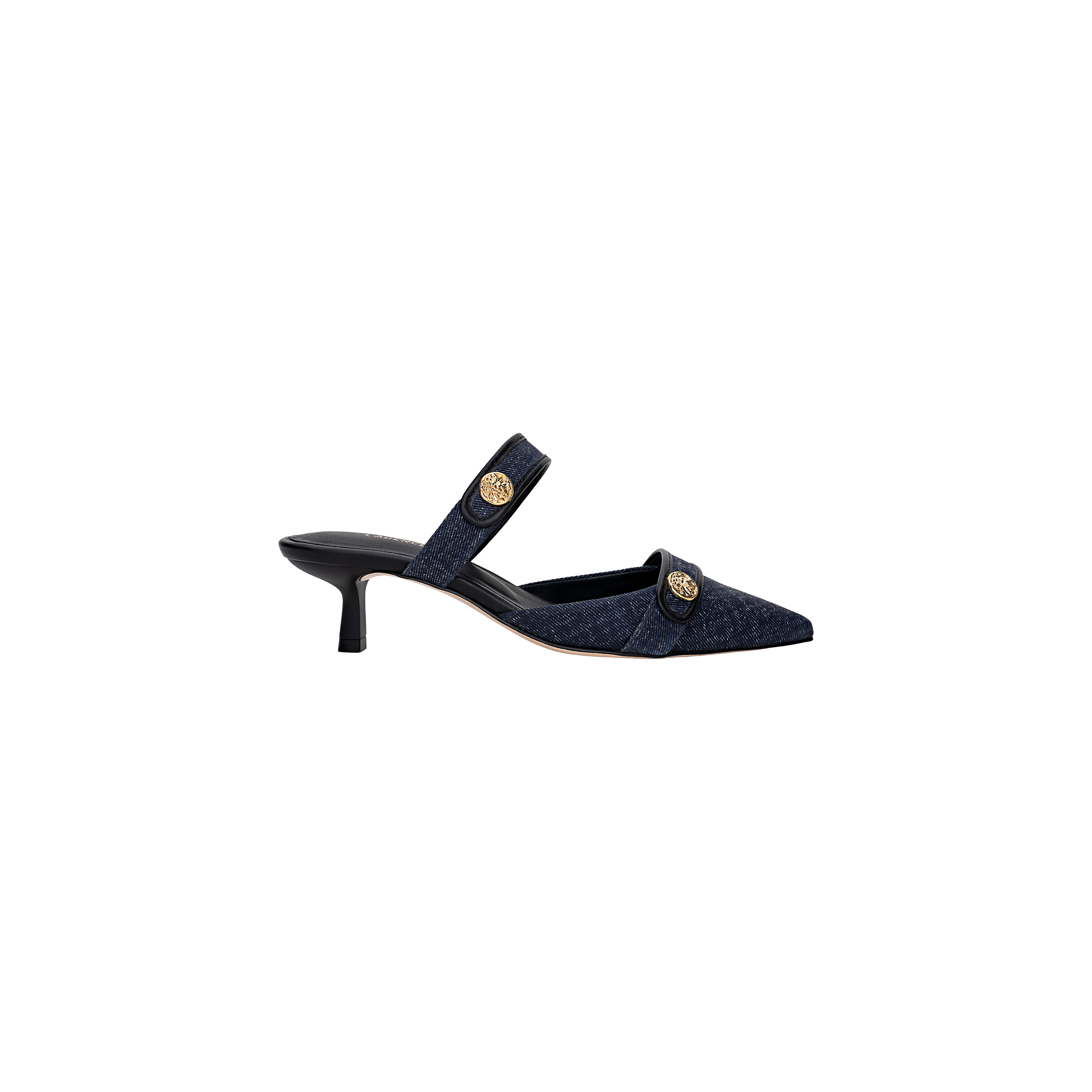 Gilliane Heeled Mule in navy blue, featuring a pointed toe and mid-height black heel. This elegant vintage-inspired design showcases two straps across the foot, each embellished with a round gold lion-embossed button.