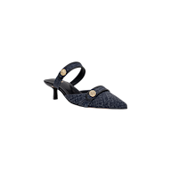 The Gilliane Heeled Mule is a navy blue vintage-inspired pointed-toe mule with a low heel, featuring two gold lion-embossed buttons and a strap across the upper and around the heel.