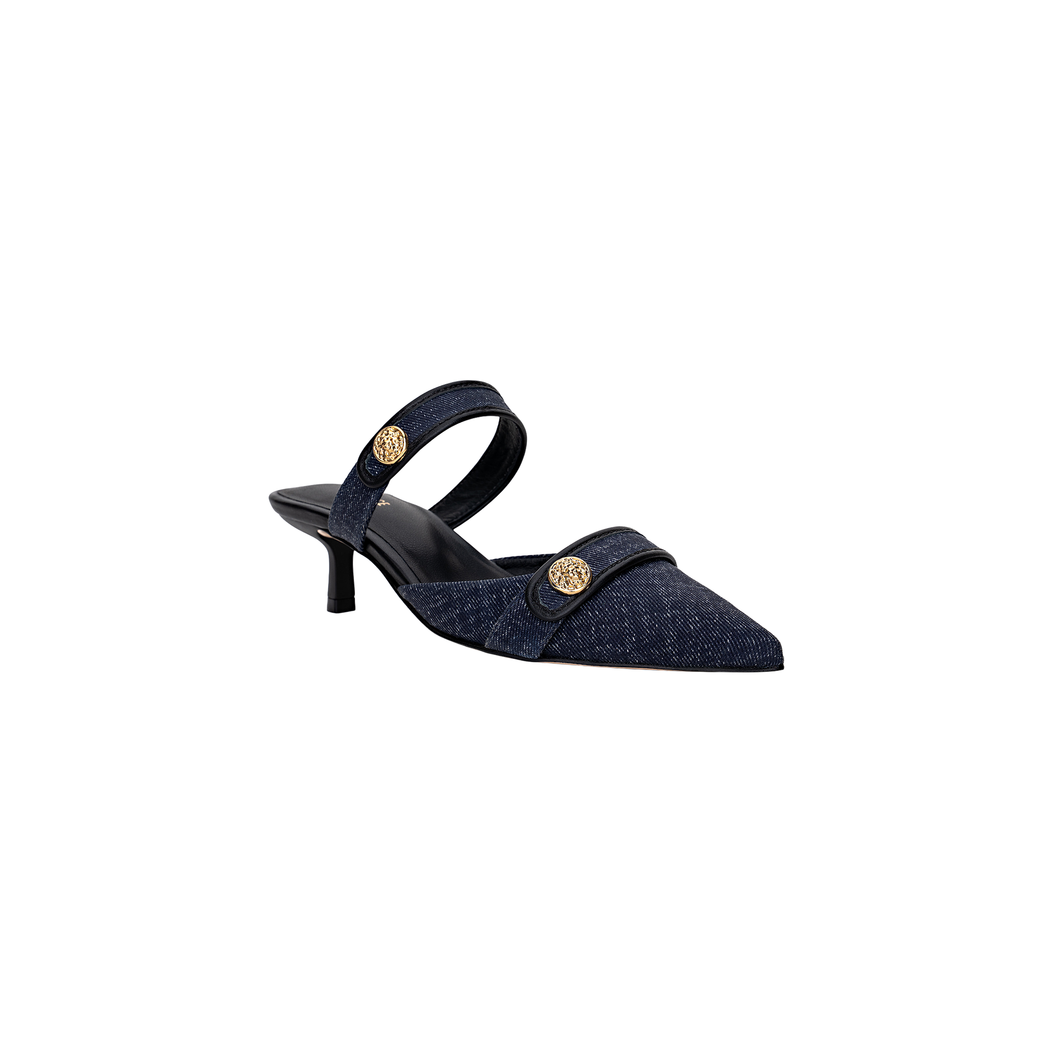 The Gilliane Heeled Mule is a navy blue vintage-inspired pointed-toe mule with a low heel, featuring two gold lion-embossed buttons and a strap across the upper and around the heel.