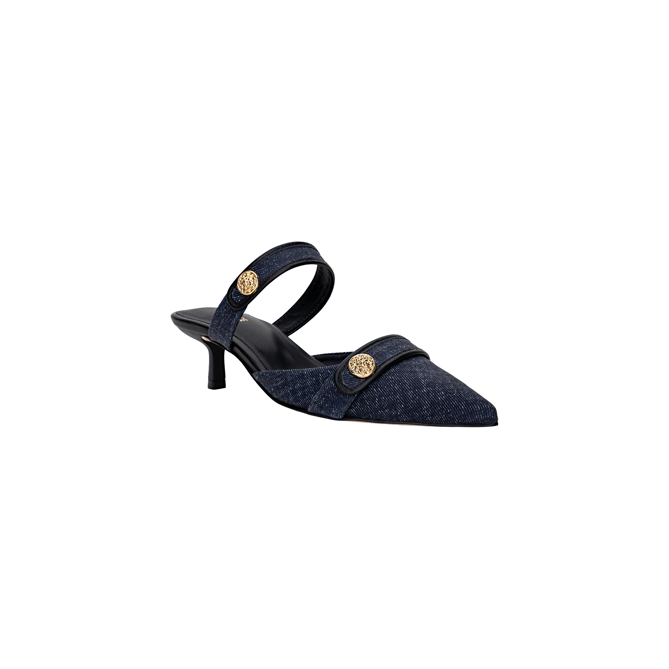 The Gilliane Heeled Mule is a navy blue vintage-inspired pointed-toe mule with a low heel, featuring two gold lion-embossed buttons and a strap across the upper and around the heel.
