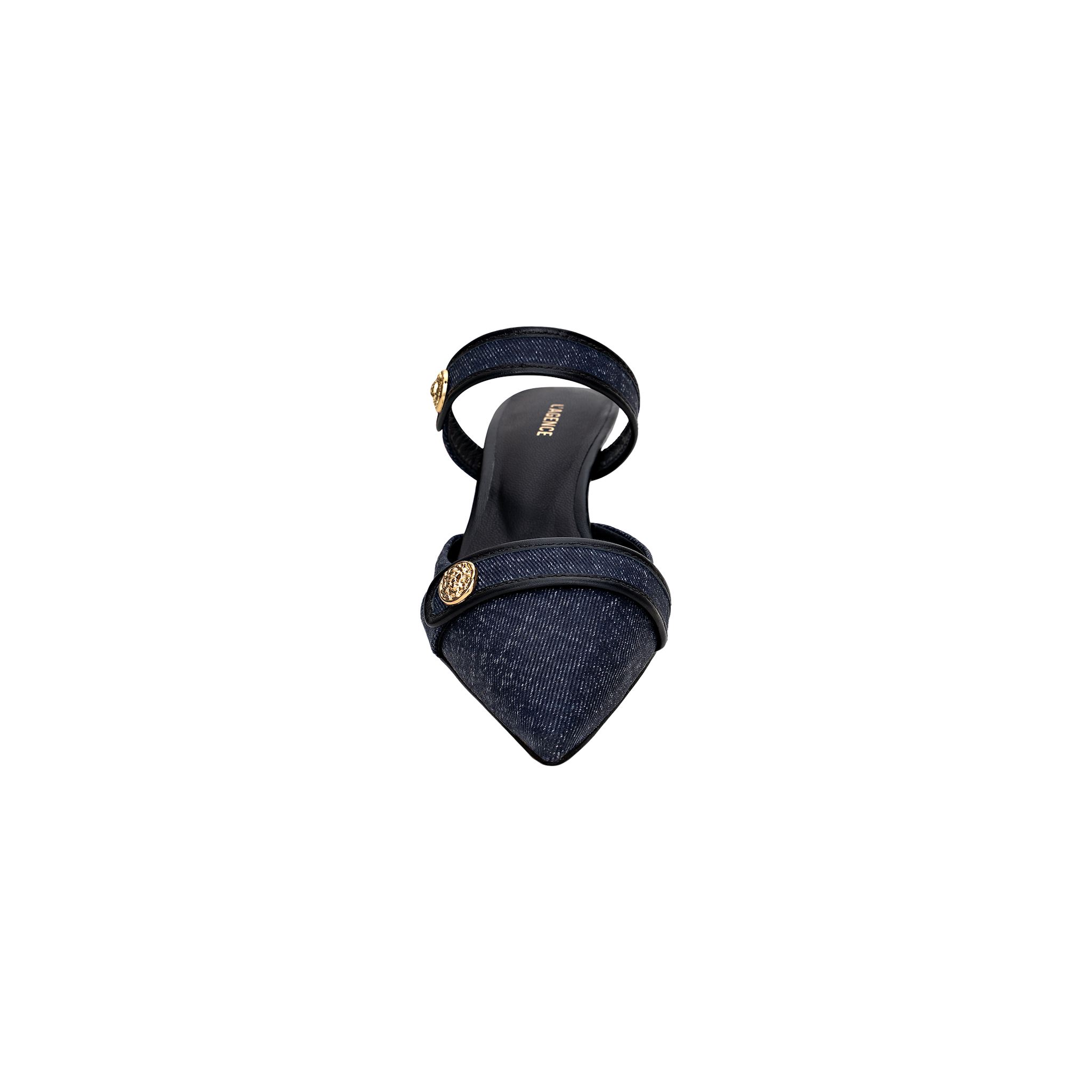 Introducing the Gilliane Heeled Mule: a single dark blue denim mule with a pointed toe, featuring a strap across the front and another around the ankle, both embellished with round lion-embossed buttons. The shoe is finished with a black insole accented by gold text, enhancing its vintage mule allure.