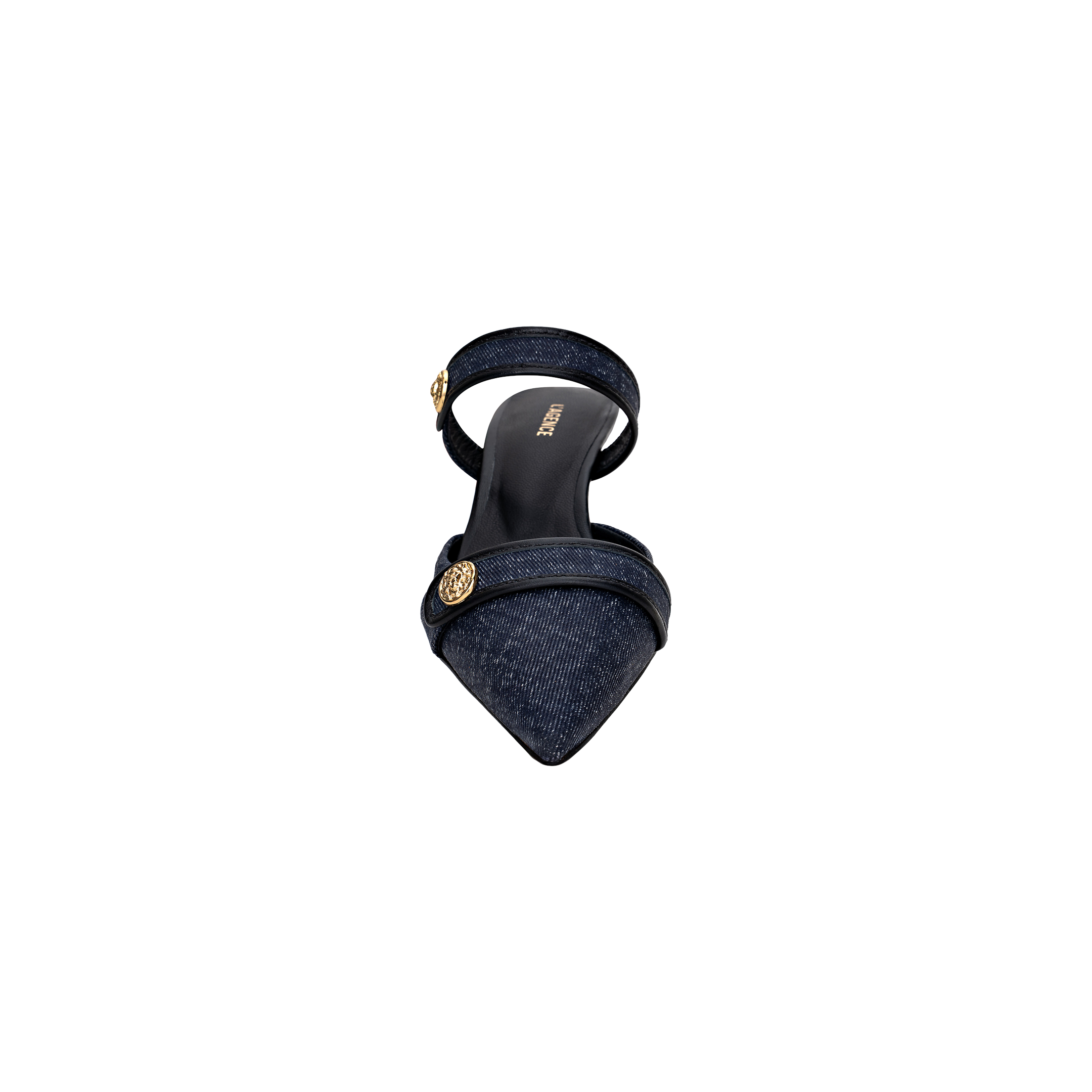 Introducing the Gilliane Heeled Mule: a single dark blue denim mule with a pointed toe, featuring a strap across the front and another around the ankle, both embellished with round lion-embossed buttons. The shoe is finished with a black insole accented by gold text, enhancing its vintage mule allure.