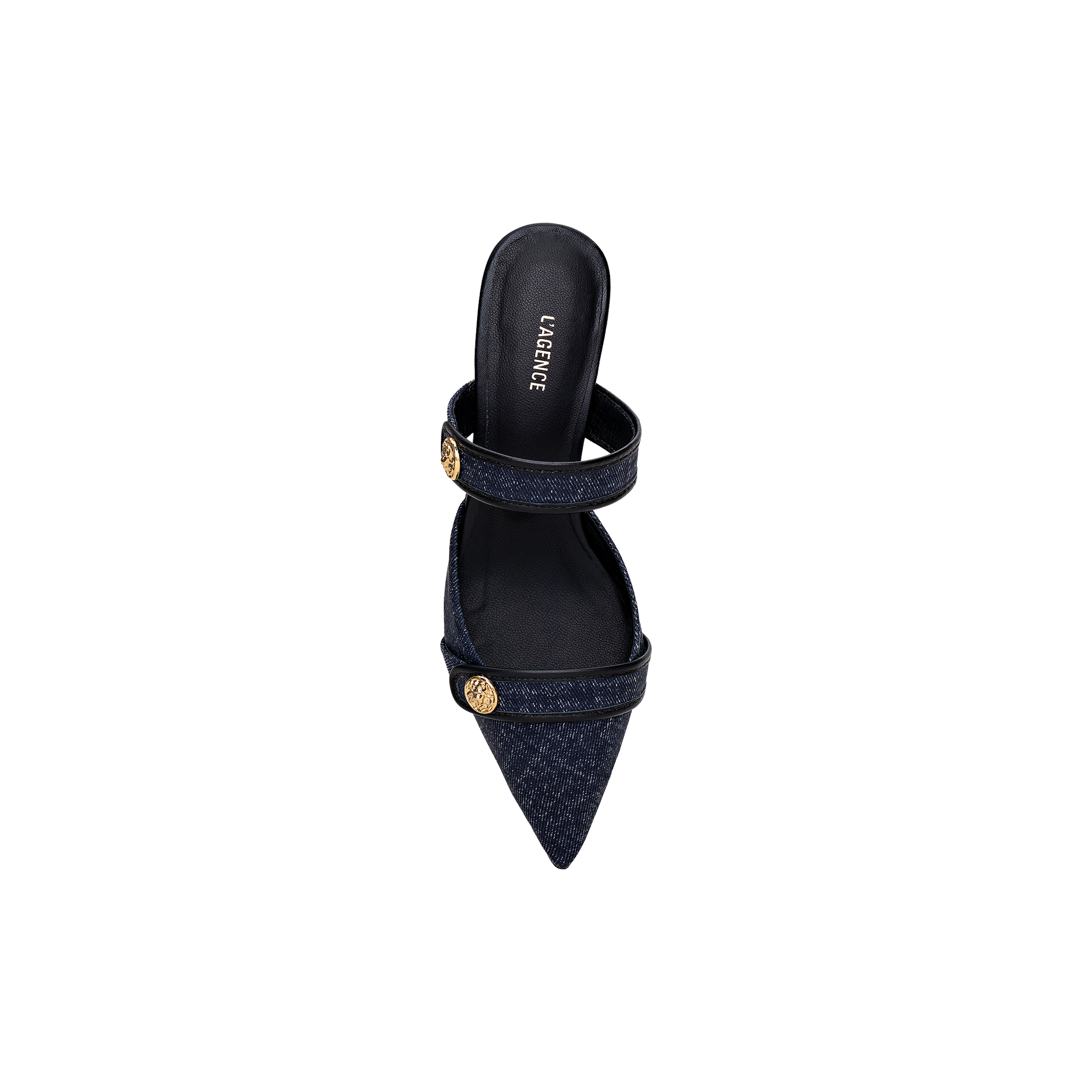 The Gilliane Heeled Mule, a single navy blue pointed-toe denim mule with two straps adorned with round gold lion-embossed buttons, is shown from above on a plain white background.