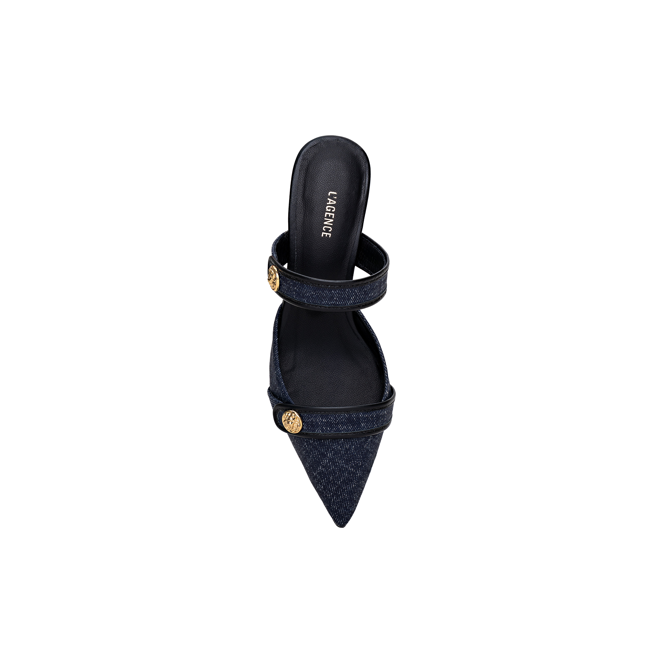 The Gilliane Heeled Mule, a single navy blue pointed-toe denim mule with two straps adorned with round gold lion-embossed buttons, is shown from above on a plain white background.