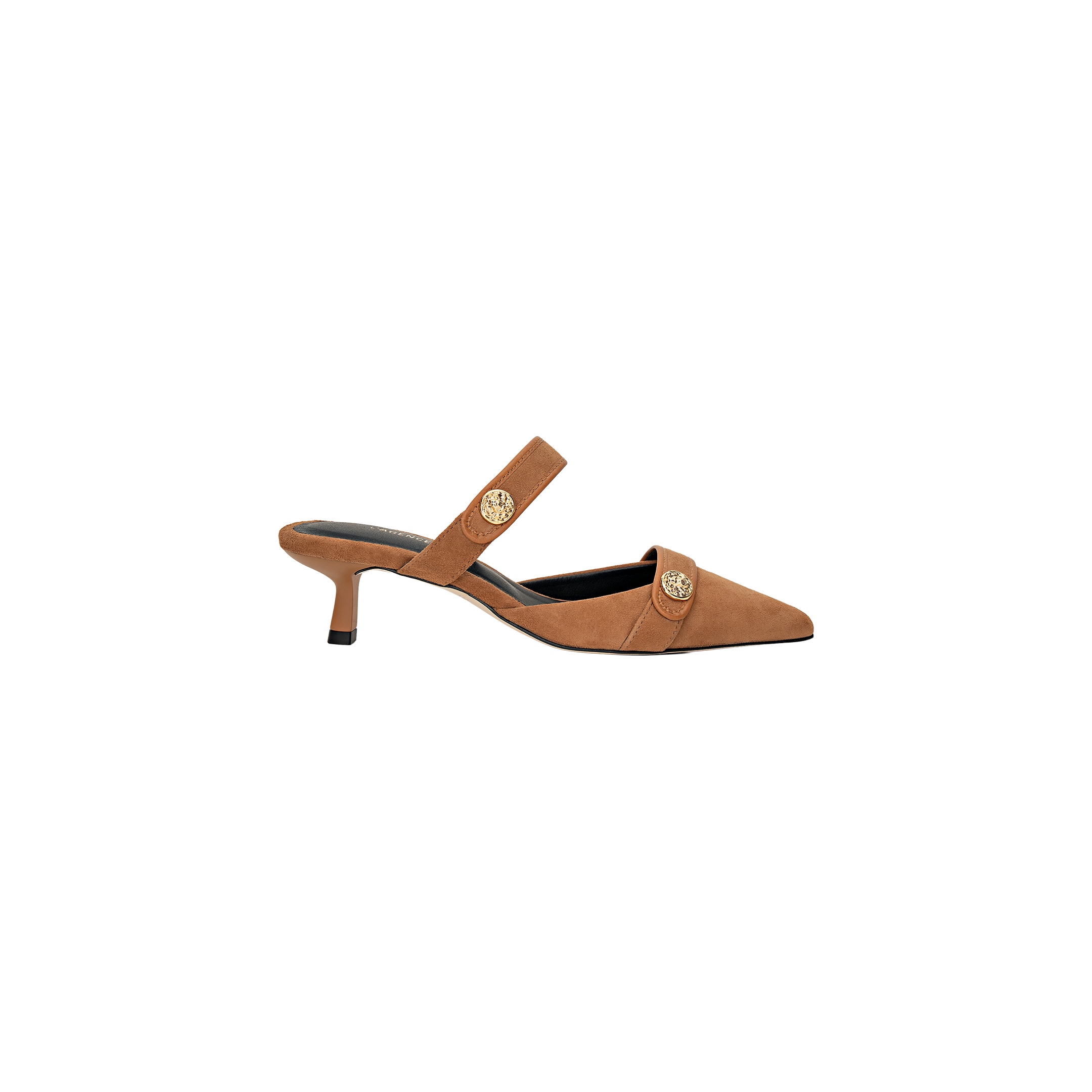 The Gilliane Heeled Mule is crafted from brown suede and features a low, thin heel, a pointed toe, and two gold lion-embossed buttons on the side. A single strap crosses over the top of the foot. This vintage-inspired mule shoe is displayed against a plain white background.