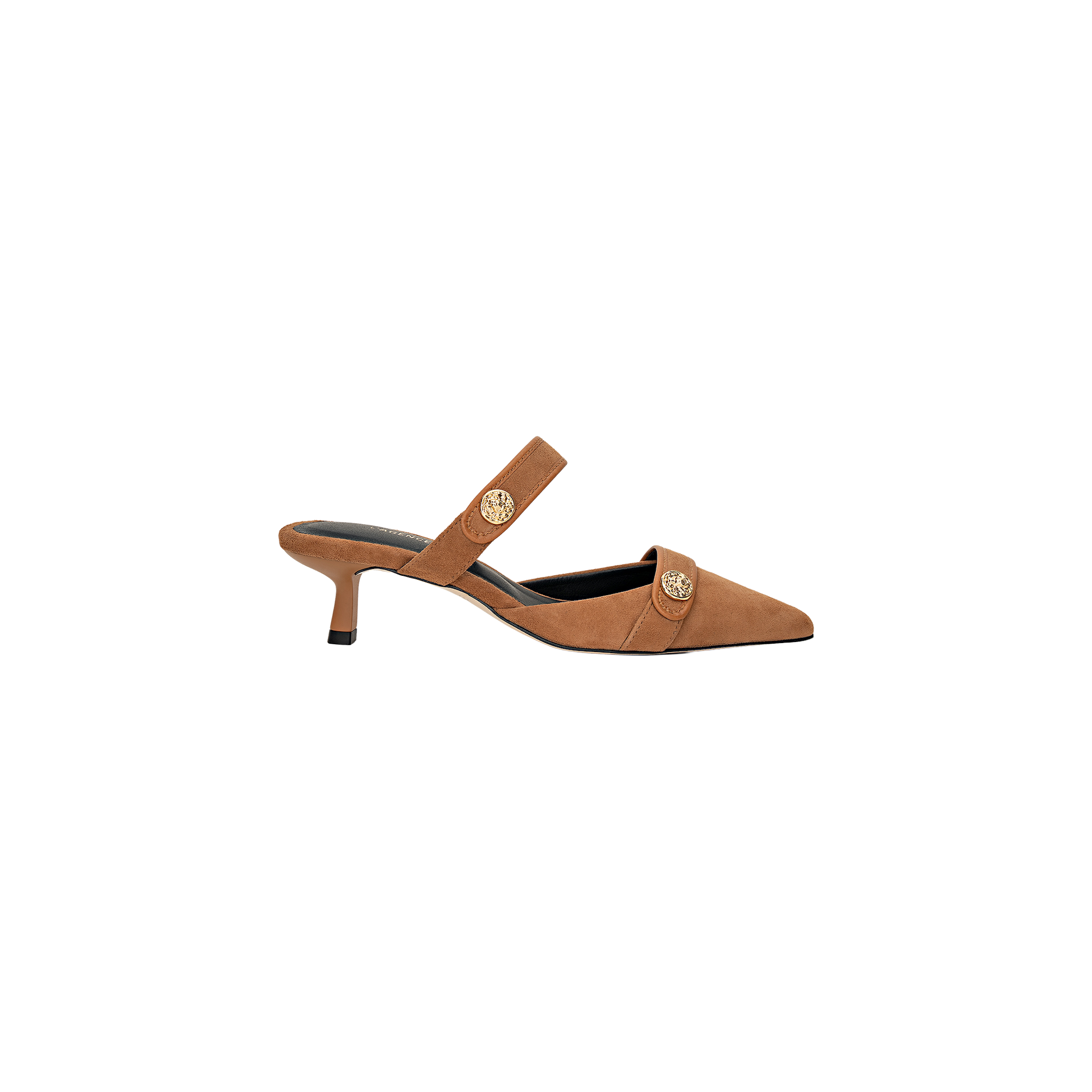 The Gilliane Heeled Mule is crafted from brown suede and features a low, thin heel, a pointed toe, and two gold lion-embossed buttons on the side. A single strap crosses over the top of the foot. This vintage-inspired mule shoe is displayed against a plain white background.