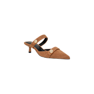 The Gilliane Heeled Mule is a brown suede pointed-toe mule with a low heel and two straps across the foot, each adorned with a round lion-embossed button, displayed against a plain white background.