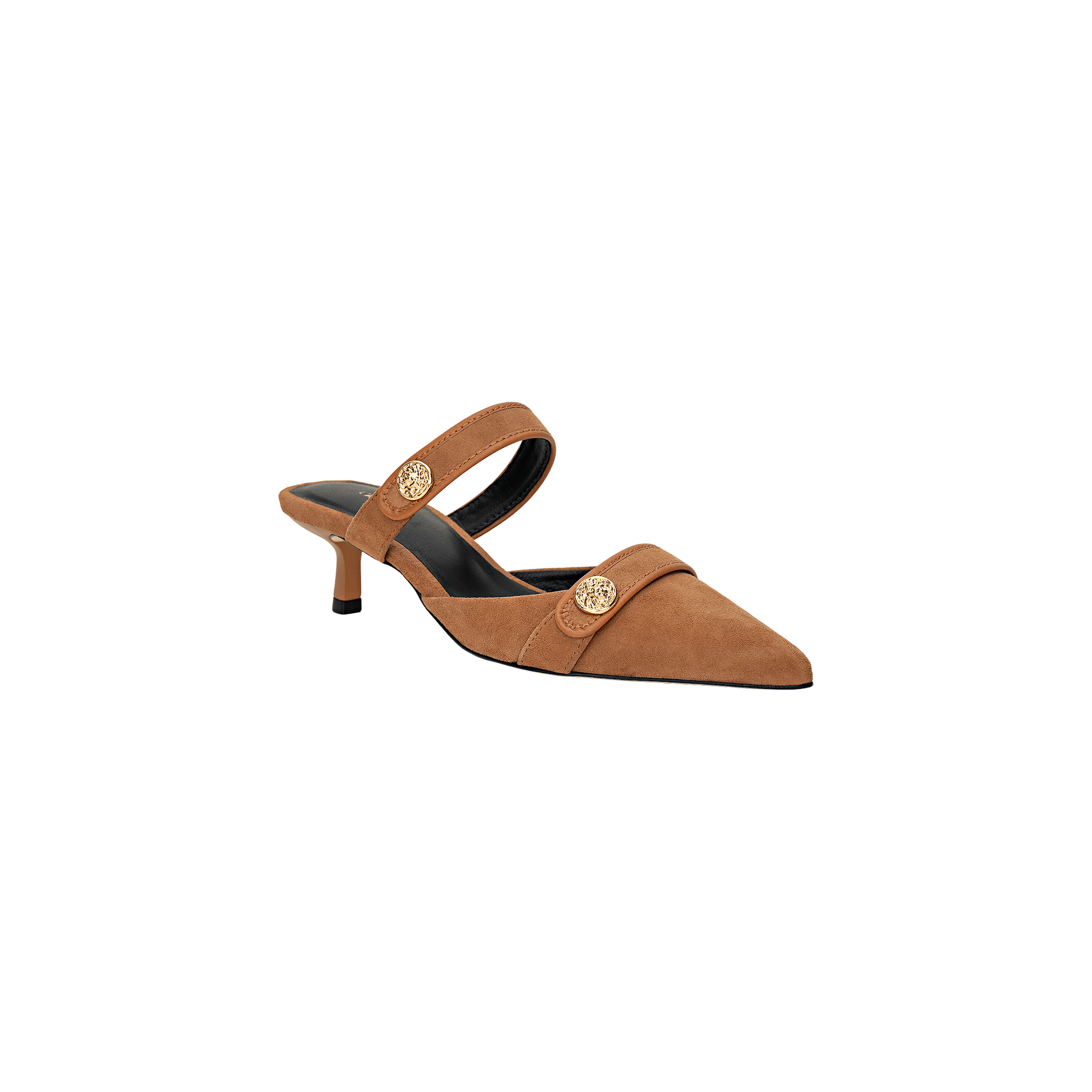 The Gilliane Heeled Mule is a brown suede pointed-toe mule with a low heel and two straps across the foot, each adorned with a round lion-embossed button, displayed against a plain white background.