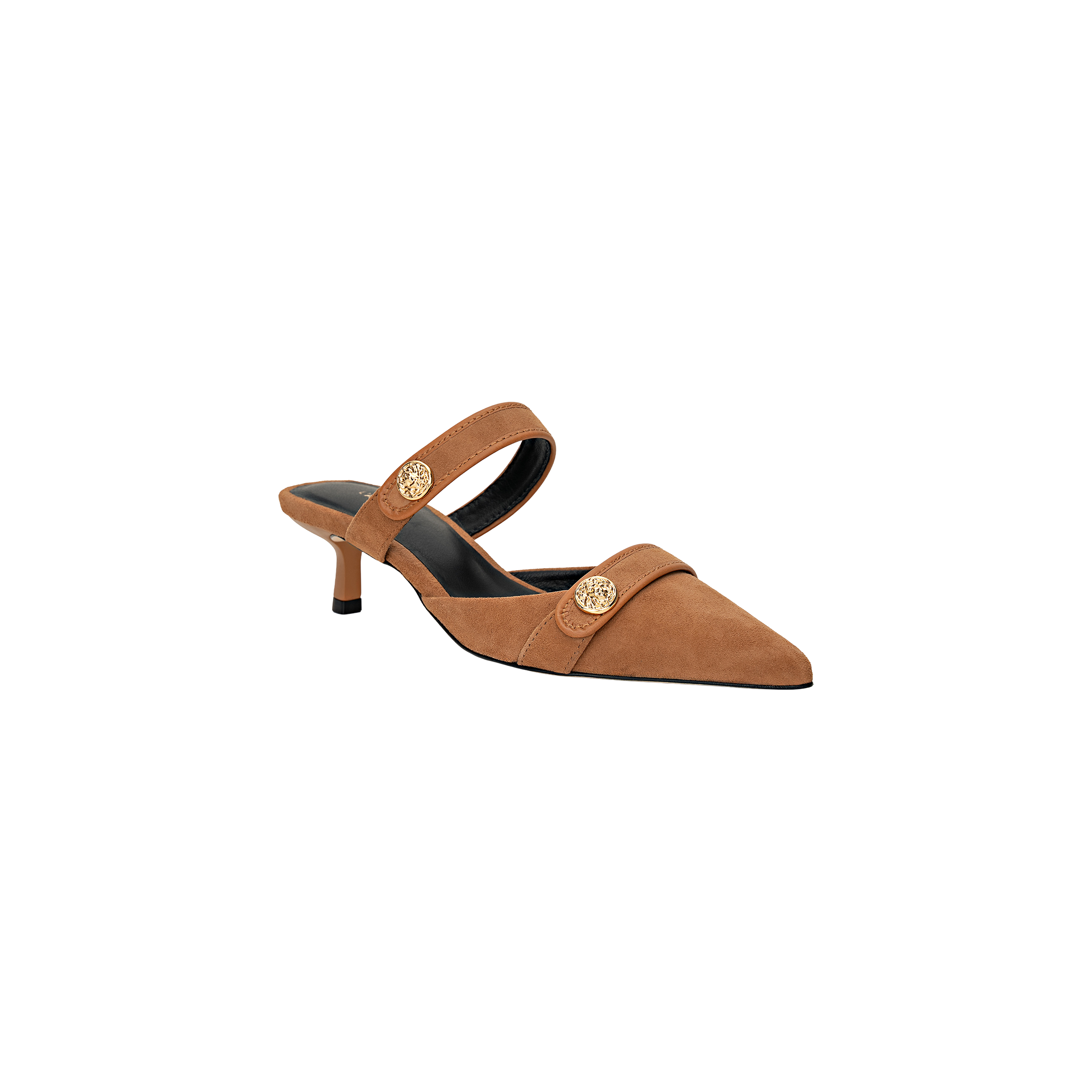 The Gilliane Heeled Mule is a brown suede pointed-toe mule with a low heel and two straps across the foot, each adorned with a round lion-embossed button, displayed against a plain white background.