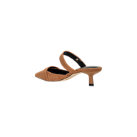 Gilliane Heeled Mule in brown, featuring a pointed toe, open back, and a single wide strap over the instep with classic vintage-inspired styling, displayed on a plain white background.