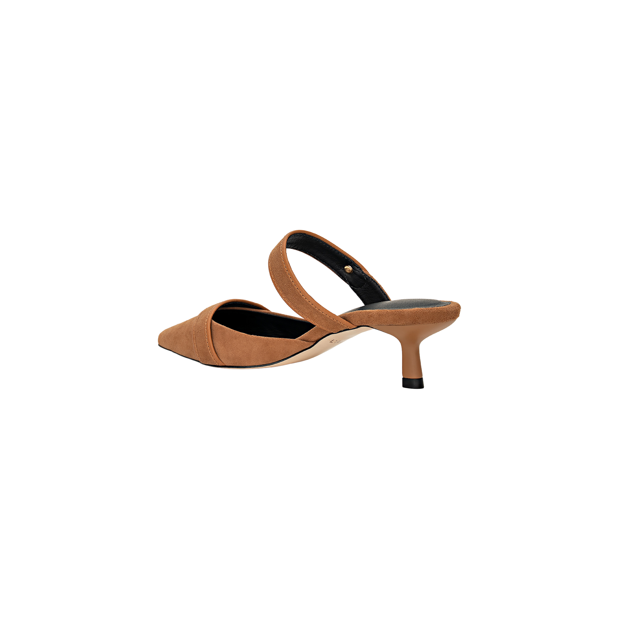 Gilliane Heeled Mule in brown, featuring a pointed toe, open back, and a single wide strap over the instep with classic vintage-inspired styling, displayed on a plain white background.