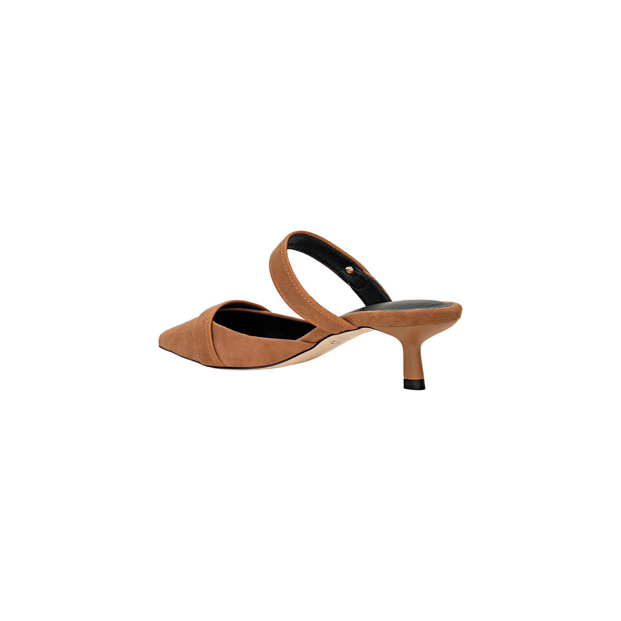 Gilliane Heeled Mule in brown, featuring a pointed toe, open back, and a single wide strap over the instep with classic vintage-inspired styling, displayed on a plain white background.