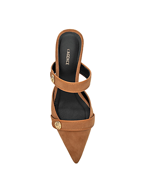 The Gilliane Heeled Mule is a vintage-inspired tan suede mule with a pointed toe, two gold-button straps, and a black memory foam insole stamped LAGENCE, shown from above on a white background.
