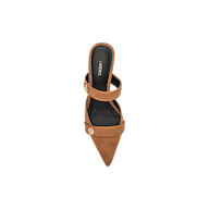 Presenting the Gilliane Heeled Mule: a classic brown pointed-toe design, expertly crafted from tan suede. This stylish mule features two straps, each embellished with lion-embossed button details, and is finished with a black insole marked with the VAGABOND logo—all showcased from a top-down perspective on a clean white background to highlight its timeless vintage-inspired elegance.