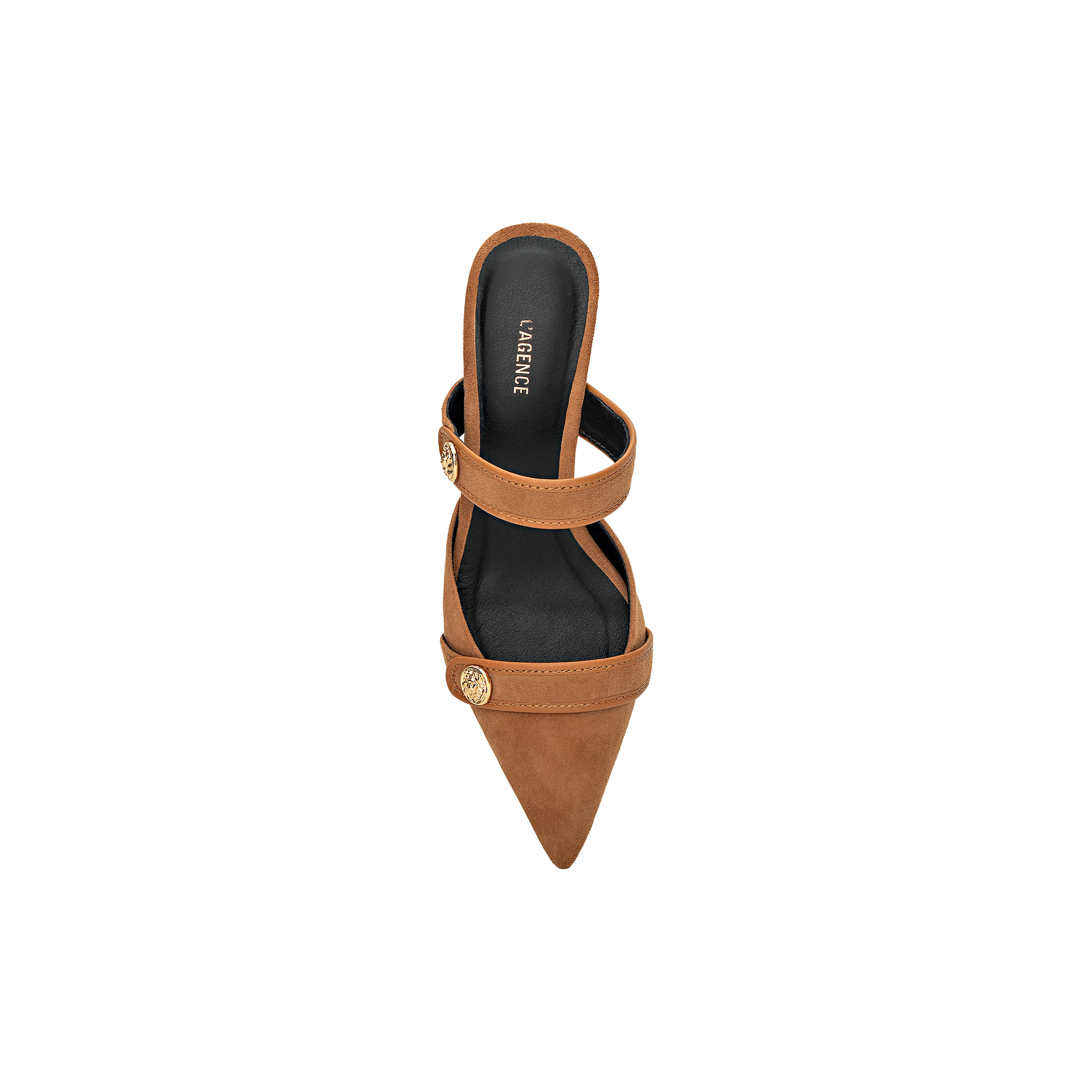 Presenting the Gilliane Heeled Mule: a classic brown pointed-toe design, expertly crafted from tan suede. This stylish mule features two straps, each embellished with lion-embossed button details, and is finished with a black insole marked with the VAGABOND logo—all showcased from a top-down perspective on a clean white background to highlight its timeless vintage-inspired elegance.