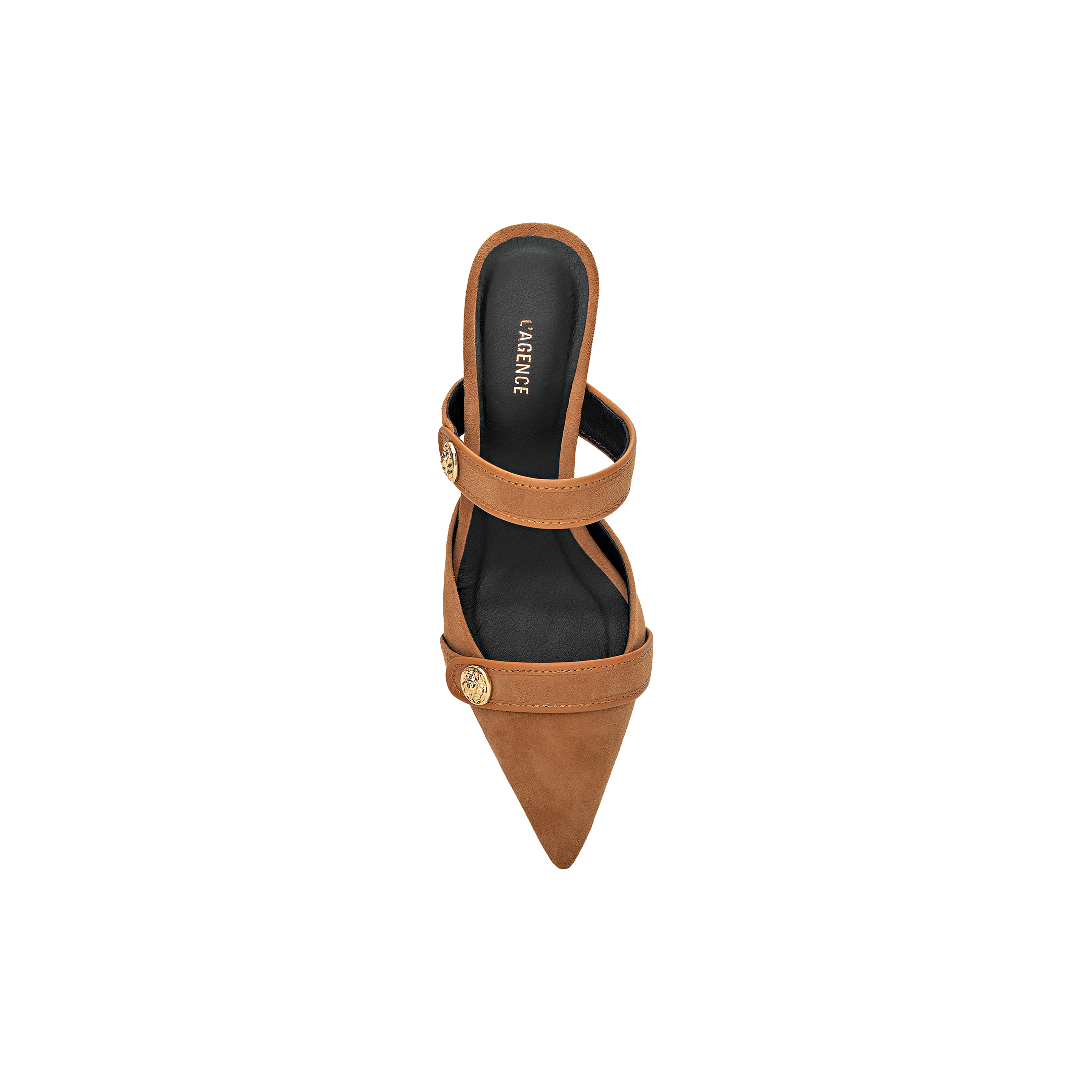 Presenting the Gilliane Heeled Mule: a classic brown pointed-toe design, expertly crafted from tan suede. This stylish mule features two straps, each embellished with lion-embossed button details, and is finished with a black insole marked with the VAGABOND logo—all showcased from a top-down perspective on a clean white background to highlight its timeless vintage-inspired elegance.