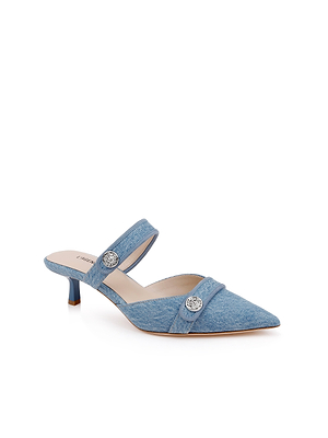 The Gilliane Denim Mule features light blue denim, a pointed toe, two straps with silver button accents, a low kitten heel, and a plush memory foam insole for extra comfort.
