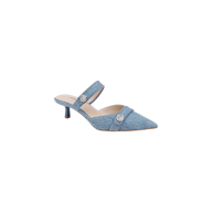Introducing the Gilliane Denim Mule—a chic light blue denim shoe featuring a pointed toe, low kitten heel, and two silver decorative buttons on the strap and upper. Designed for comfort with a memory foam insole, this stylish mule is showcased against a plain white background.