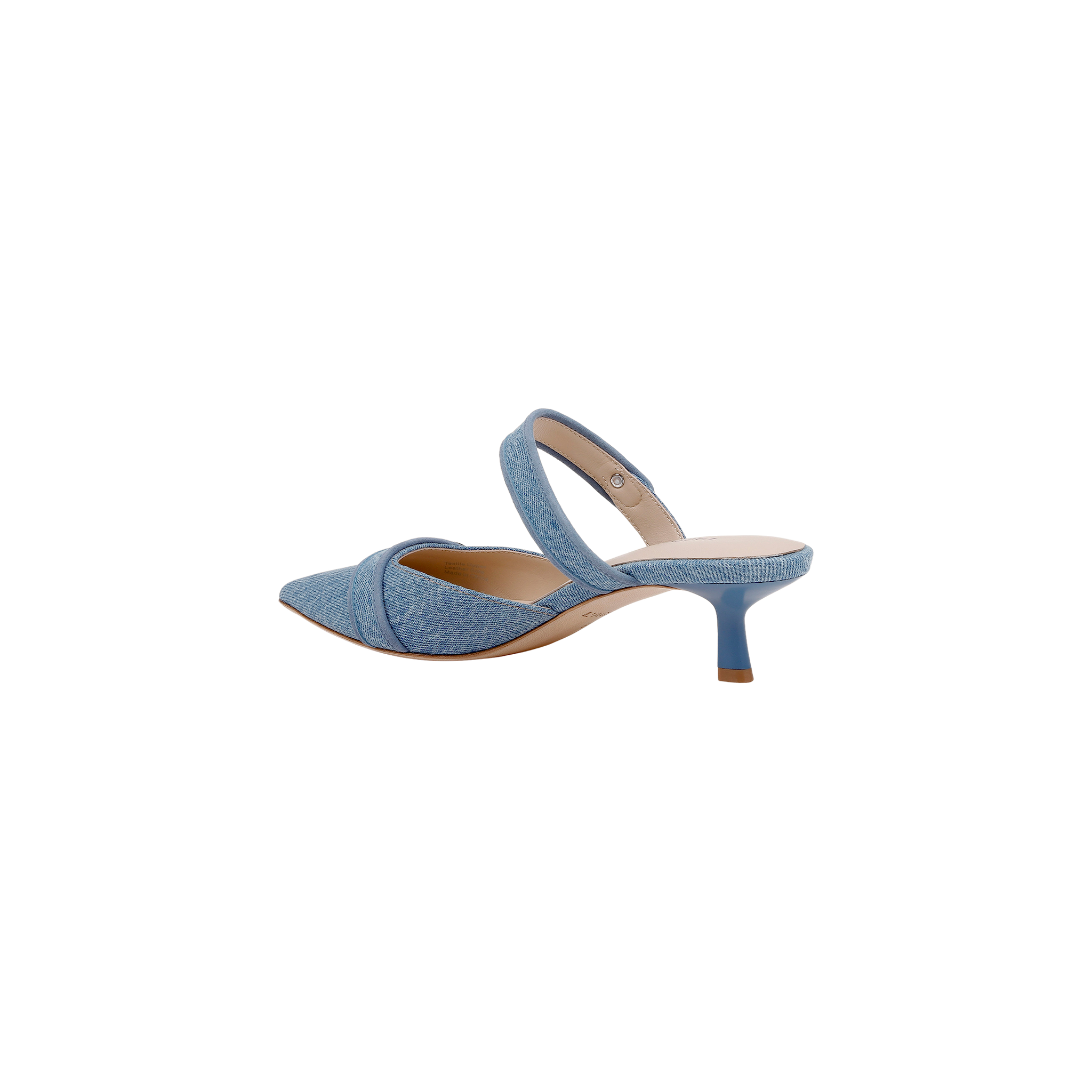 Gilliane Denim Mule in light blue features a pointed toe, crisscross strap across the front, memory foam insole, and a mid-height stiletto heel, shown on a white background.