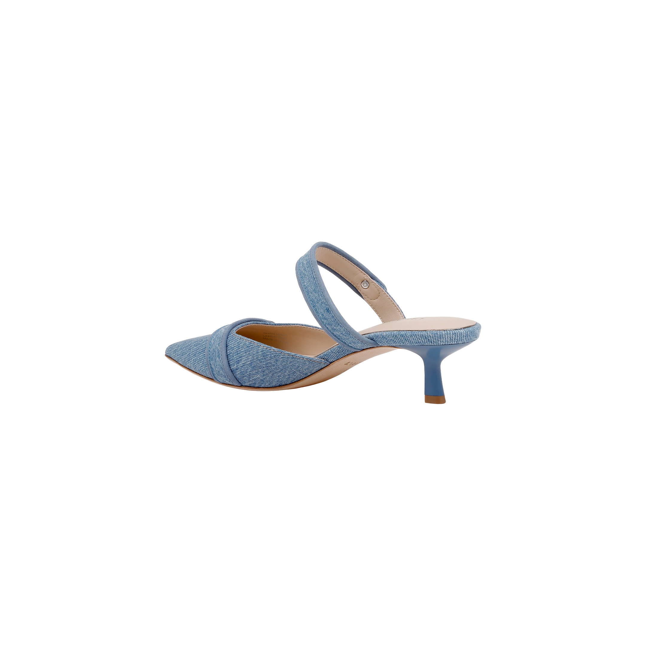 Gilliane Denim Mule in light blue features a pointed toe, crisscross strap across the front, memory foam insole, and a mid-height stiletto heel, shown on a white background.