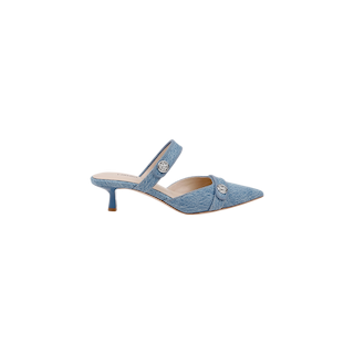 Introducing the Gilliane Denim Mule: crafted in blue denim with a pointed toe, two straps adorned with round silver buttons, and finished with a low kitten heel. The comfortable memory foam insole in light beige ensures all-day wear. Shown here against a plain white background.