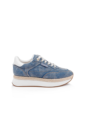 The Ivone Platform Sneaker in blue denim features white laces, a white sole, and a woven accent above the sole, shown in profile against a white background.