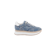 The Ivone Platform Sneaker is shown in side profile on a plain white background, featuring a blue denim upper, white laces, a thick white platform sole, brown trim, and white accents on the heel and tongue.